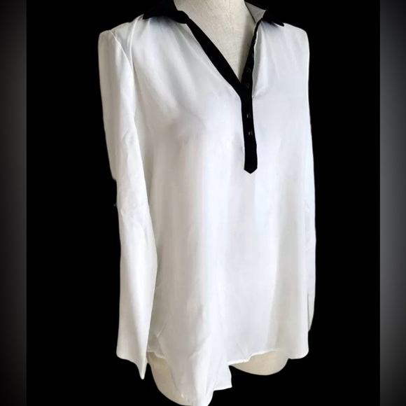 Kenneth Cole Reaction Women’s White Blouse w/ Black Trim & Roll Sleeves - Large - Picture 8 of 12